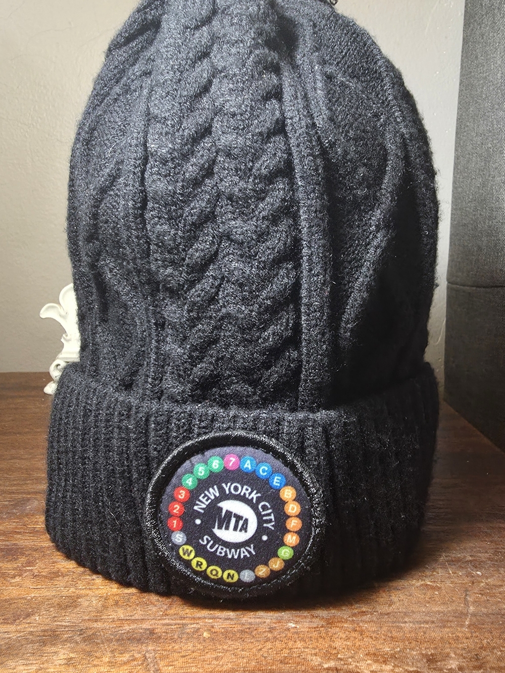 Kids Black Cable Knit Beanie with Colorful Subway Patch